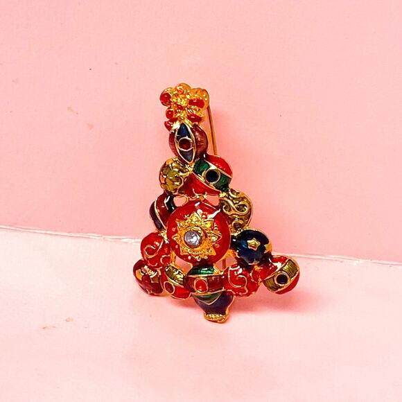 Vintage Christopher Radko  Christmas Tree Enamel Rhinestone Pin Brooch Signed - Picture 3 of 6